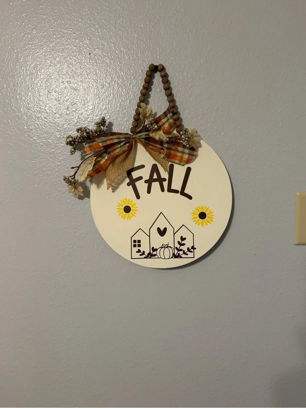 Fall Round Wall Sign in Cream and Brown with Yellow Accents